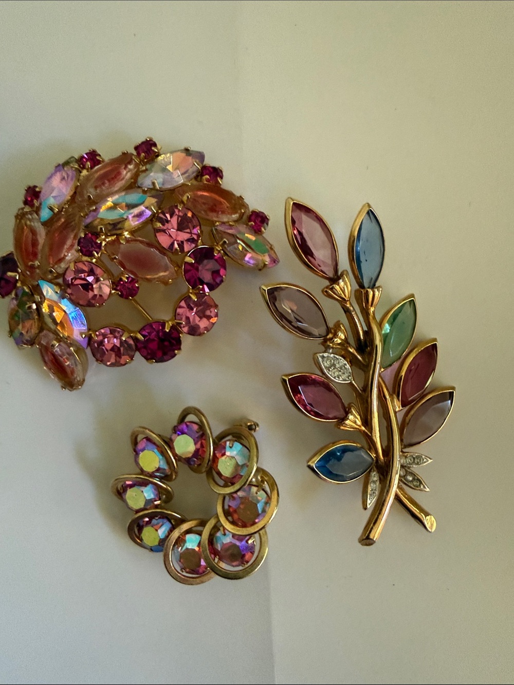 Set 3 Lot Multicolor Crystal Leaf Brooch - Gold Pink  Tone Women Jewelry